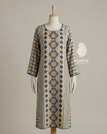 Modal Silk Ajrakh Kurta- Green 04