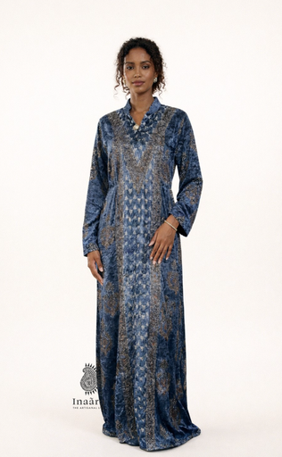 Ajrakh Velvet Long Kurta-Blue