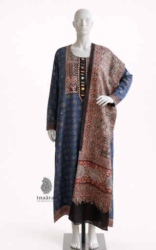 Ajrakh Velvet Long Kurta-Blue (copy)