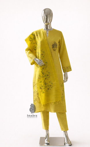 Munga Silk Kurta Set- Yellow 3 pcs