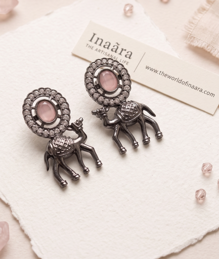 Camel Silver Toned Motif Earrings - Pink