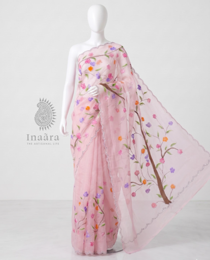 Artisanal Hand Painted Pink Organza Saree