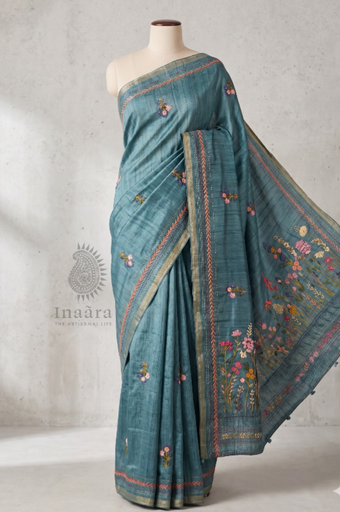 Hand-Embroidered Tussar Silk Saree -Slate Blue