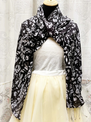 Fine Wool Stole/Scarf-Black Print