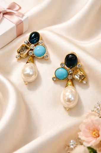 Akoya Pearl,Blue&Dark Cabochons Earrings