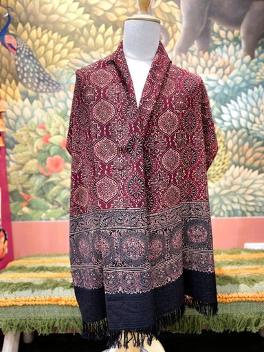 Ajrakh Extra Weft Weave Bhujodi Stole-Maroon