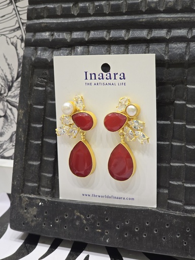 Ruby-toned Hydro Stone Earrings with Zirconia & Pearl Accents