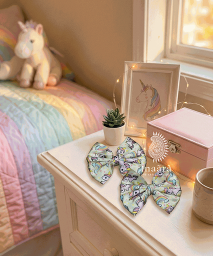 Printed Bow Hair Clips- Yellow Unicorn
