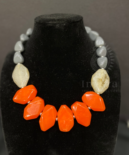 Chunky Beaded Necklace- Orange & Gray
