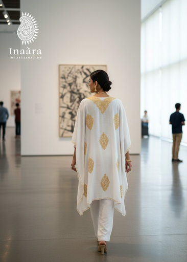Embroidered Kaftan- White/Yellow
