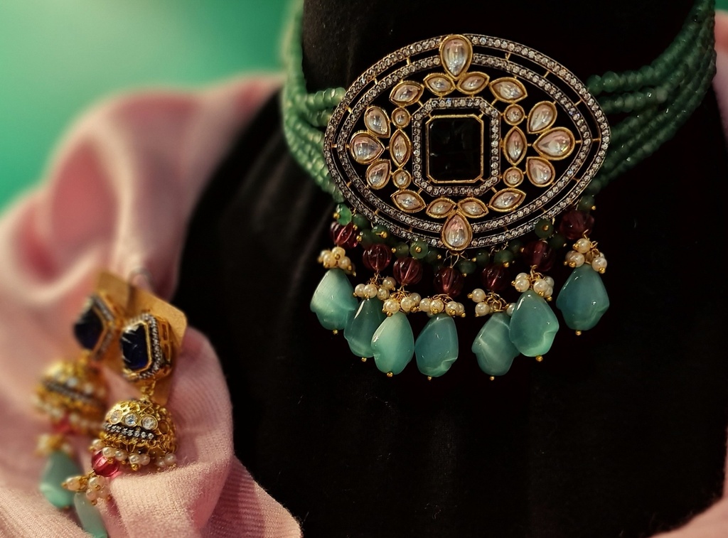 Aventurine Choker with Jhumkas