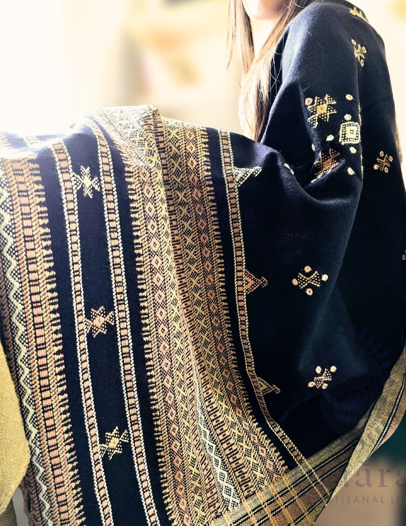 Bhujodi Shawl Double Chomki Border (Black)