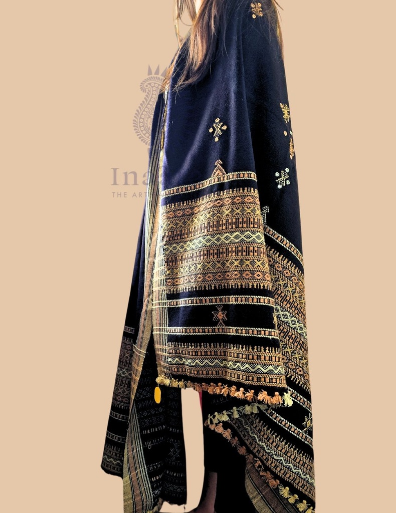 Bhujodi Shawl Double Chomki Border (Black)