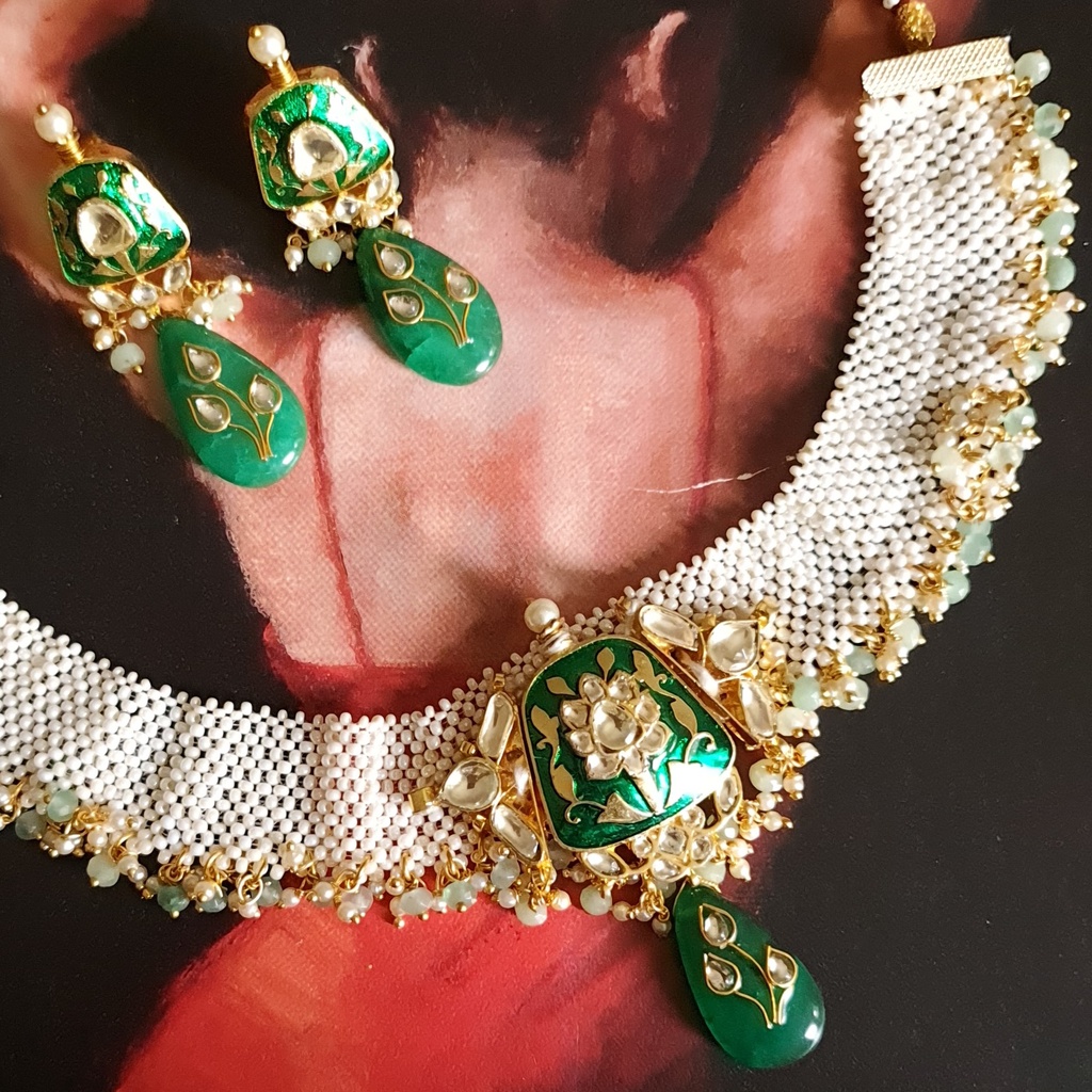 Woven Pearl & Meena Necklace Set