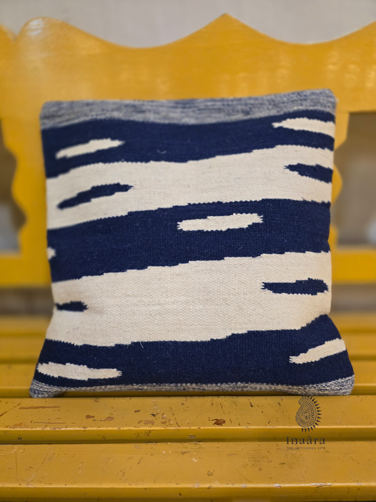 Hand woven cushion cover (Single piece)- Indigo & Ivory
