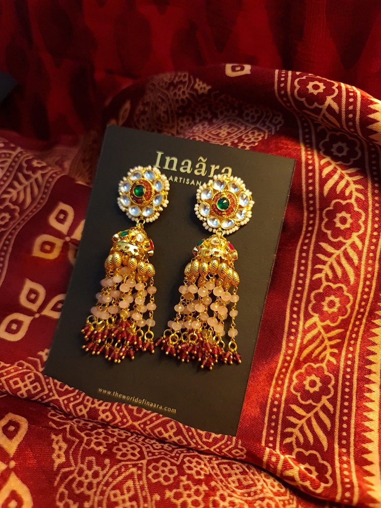 Peachy Pink Kundan Jhumkas