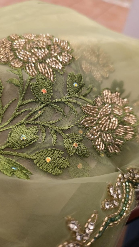 Hand Beaded Organza Saree - Green