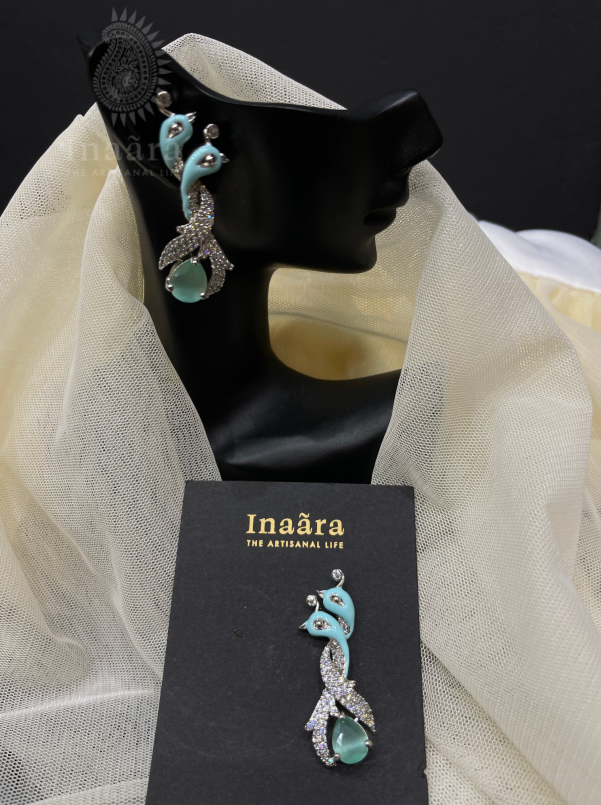 Enamel Zirconia Peacock Motif Earrings