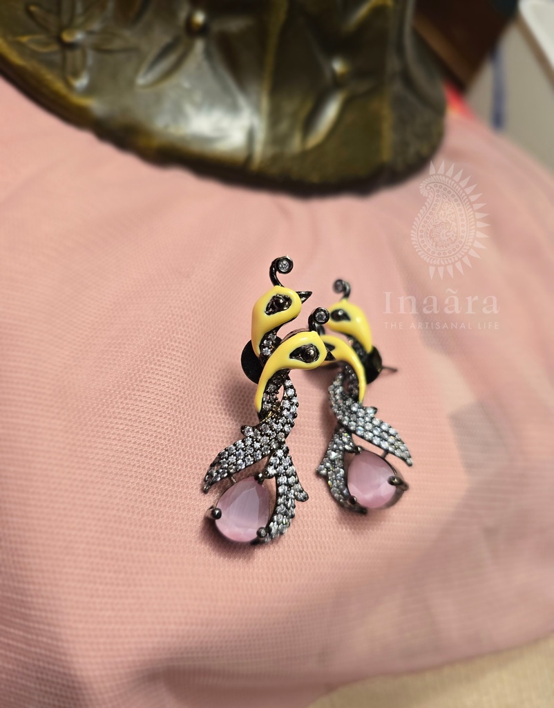 Enamel Zirconia Peacock Motif Earrings