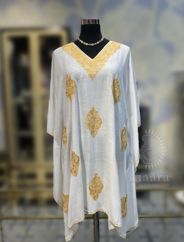 Embroidered Kaftan- White/Yellow
