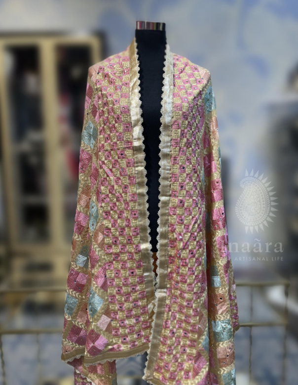 Traditional Phulkari Embroidered Dupatta - Pink