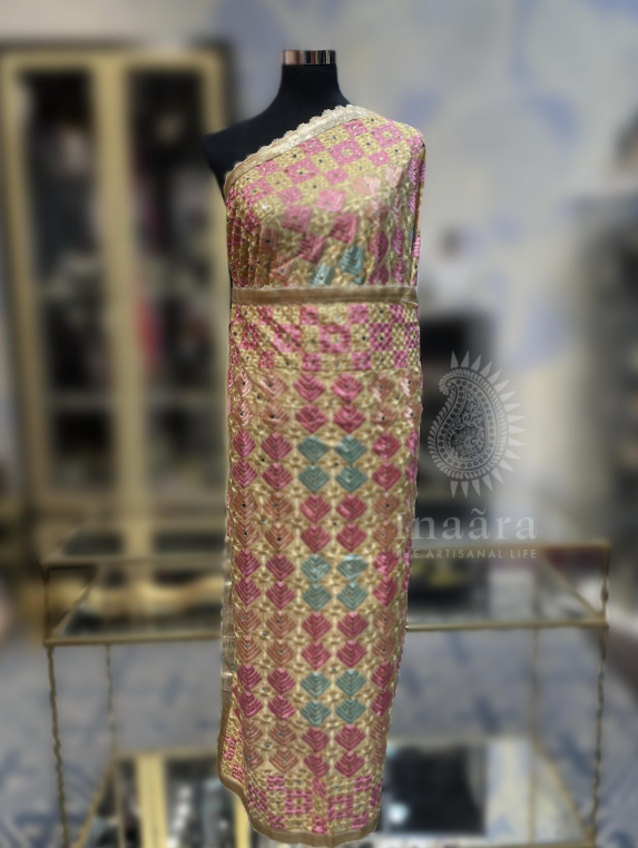 Traditional Phulkari Embroidery Dupatta- Pink/Gold