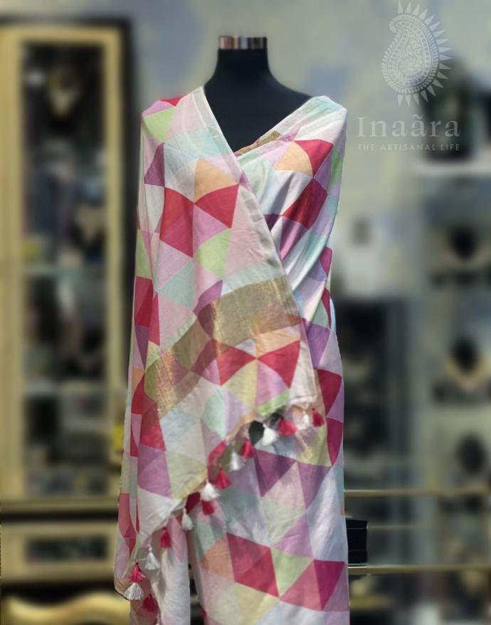 Multicolored Printed Linen Dupatta w/Tassels