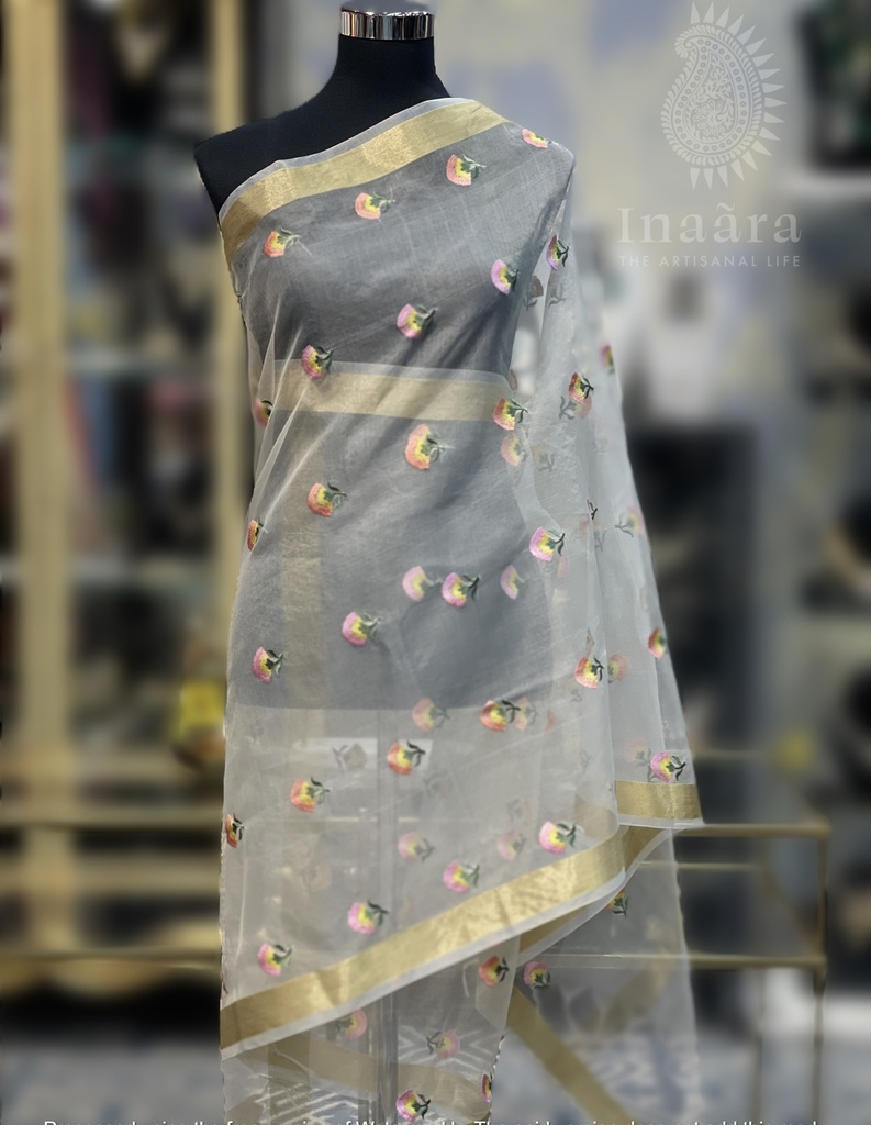 Organza Floral Embroidery Dupatta-Cream