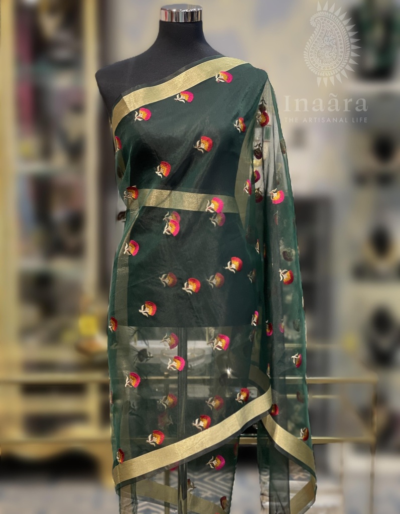 Organza Floral Embroidery Dupatta-Green