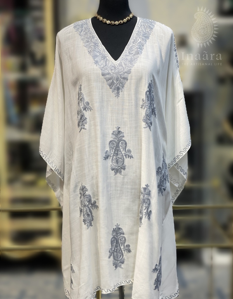 Embroidered Kaftan- White/Slate Blue