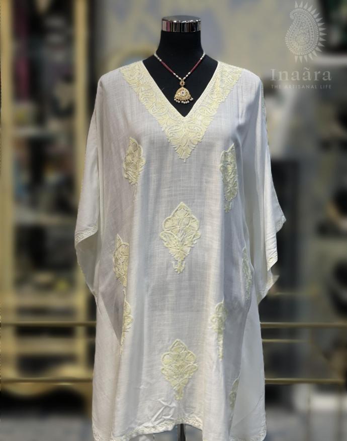 Embroidered Kaftan-White/Light Yellow
