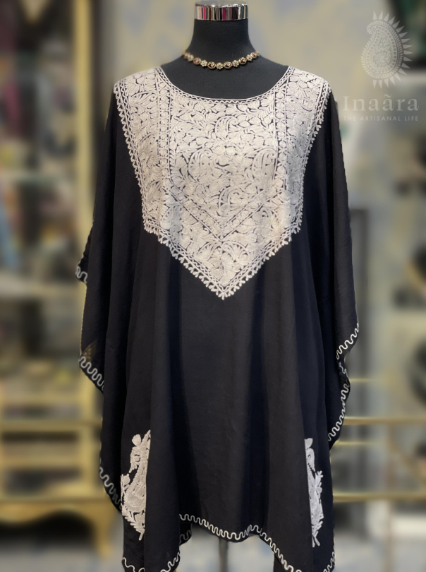 Embroidered Kaftan-White Full Neck