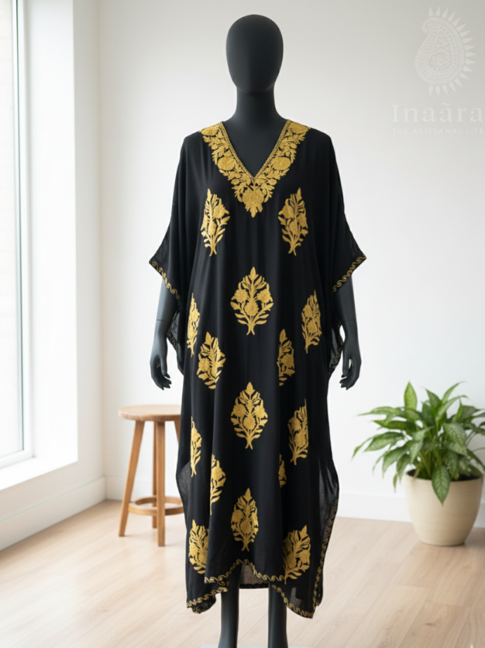 Embroidered Long Kaftan-Black/Yellow