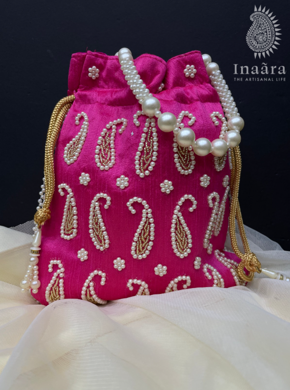 Handmade Embroidered Paisley Potli Bag-D.Pink