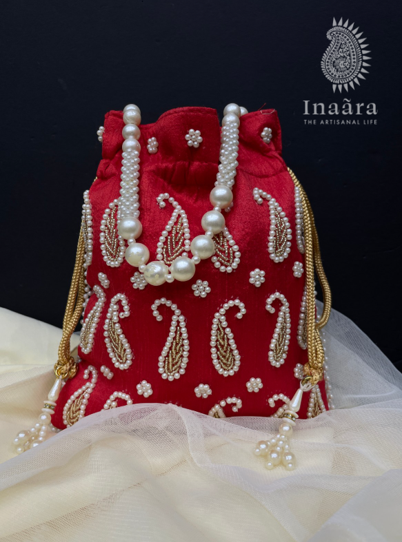 Handmade Embroidered Paisley Potli Bag-Red