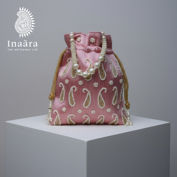 Handmade Embroidered Paisley Potli Bag-Pink