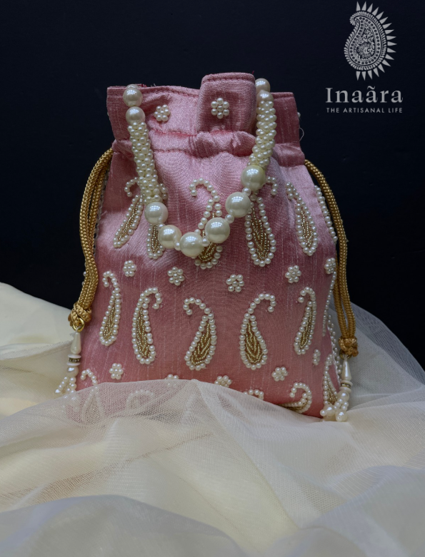 Handmade Embroidered Paisley Potli Bag-Pink