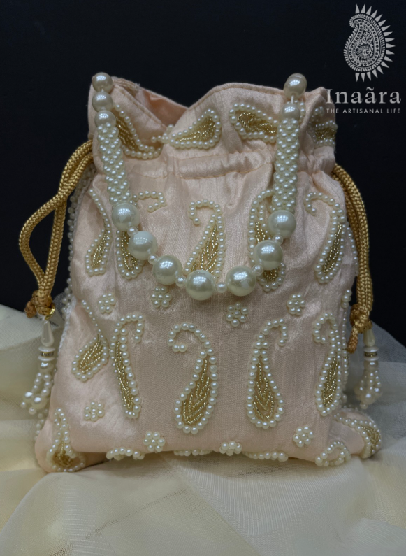 Handmade Embroidered Paisley Potli Bag-Peach
