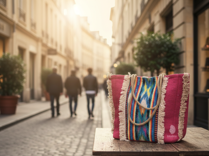 Jute Tote Bag w/ Woven Pattern-Red/Blue