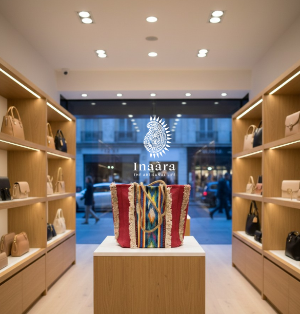 Jute Tote Bag w/ Woven Pattern-Red/Blue