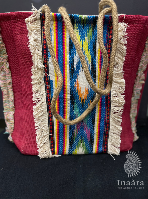 Jute Tote Bag w/ Woven Pattern-Red/Blue