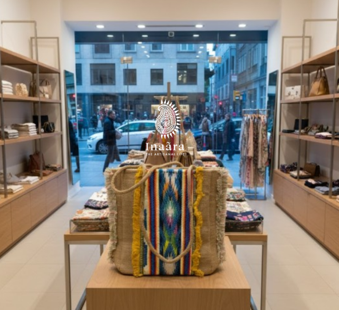 JuteTote Bag w/ Woven Pattern-Brown/Blue