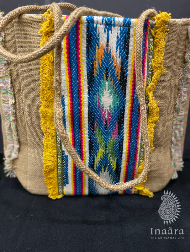 JuteTote Bag w/ Woven Pattern-Brown/Blue