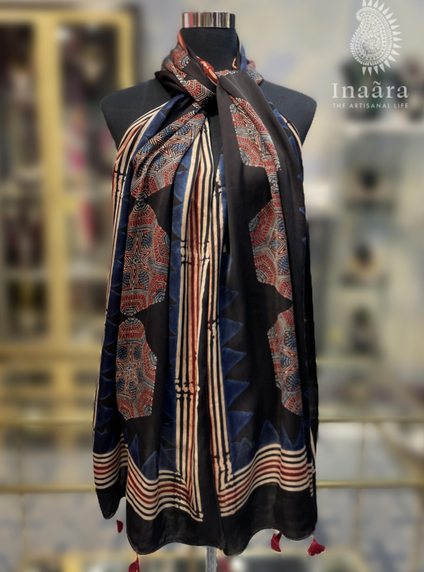 Ajrakh Modal Silk Scarf-Black (copy)