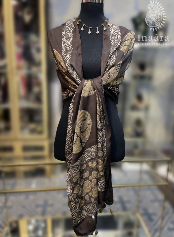 Ajrakh Modal Silk Scarf-Brown