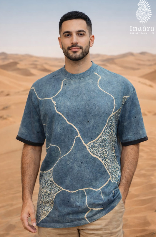 Natural Dye Ajrakh Block Printed T-Shirt-Blue
