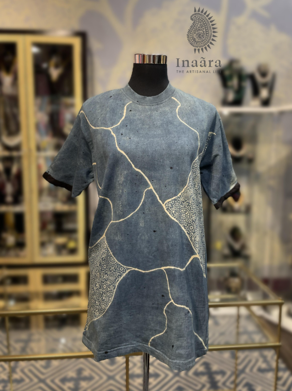 Natural Dye Ajrakh Block Printed T-Shirt-Blue