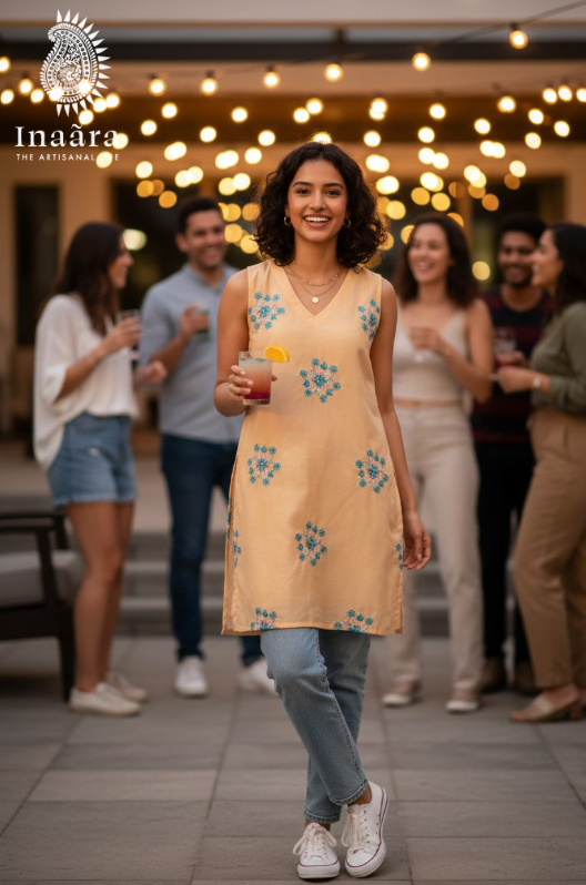 Meena Tunic Top-Embroidered Silk/Peach