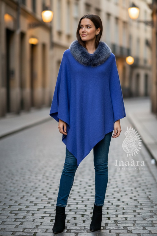 Cashmere Poncho w/Fur Trim Collar- Dark Blue