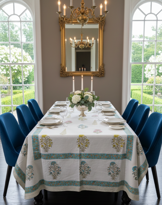 Hand Block Printed Tablecloth- Floral/Small